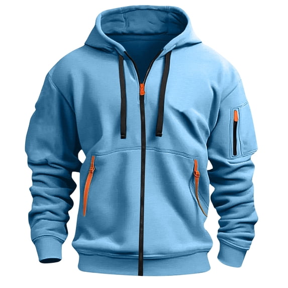 Zip Up Hoodies For Men Long Sleeve Tactical Jackets With Zipper Pockets Full Zipper Big and Tall Sweatshirt Casual Lightweight Athletic Mens Hoodies Drawstring Fall Winter Workout Clothes,Blue XL
