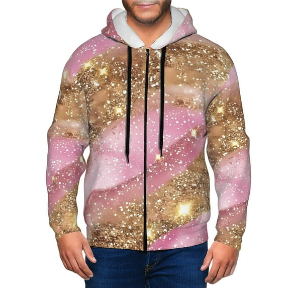 Zip Up Hoodies for Men - Pink and Gold Glam Glitter Long Sleeve Comfrt Men'S Fashion Hoodies & Sweatshirts, Jackets for Men Hoodies Pullover Clothing Clothes with Pouch