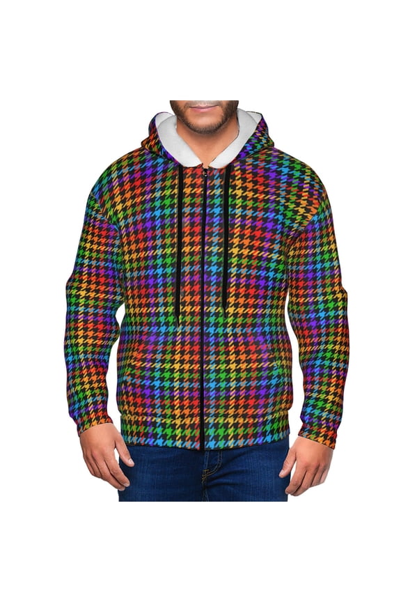 Zip Up Hoodies for Men - Rainbow Houndstooth Long Sleeve Comfrt Men'S Fashion Hoodies & Sweatshirts, Jackets for Men Hoodies Pullover Clothing Clothes with Pouch