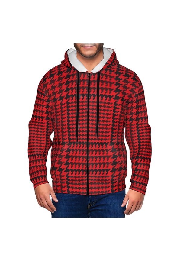 Zip Up Hoodies for Men - Red Black Houndstooth Long Sleeve Comfrt Men'S Fashion Hoodies & Sweatshirts, Jackets for Men Hoodies Pullover Clothing Clothes with Pouch