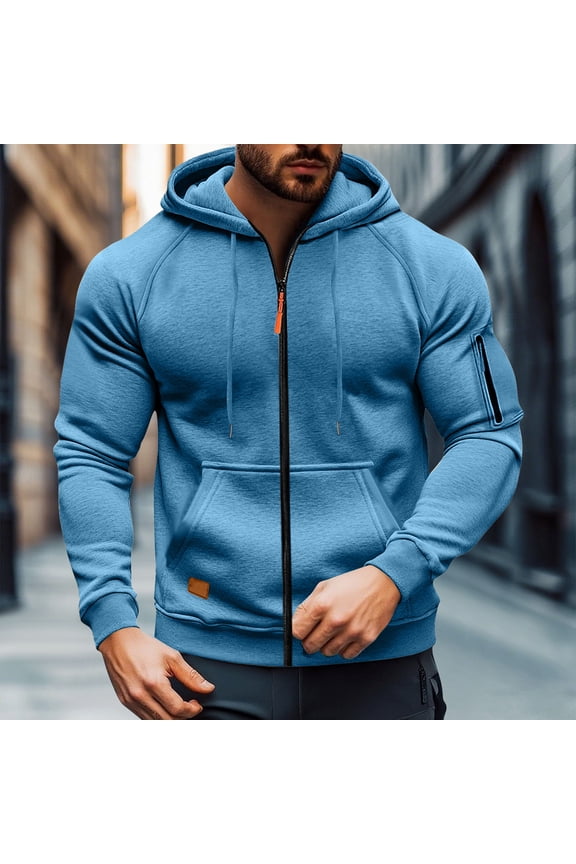 Zip up Hoodies Men Tactical Hooded Jackets Casual Sweatshirt Athletic Workout Fall Winter Outfits with Pockets New Lightweight Jacket Men Light Blue S