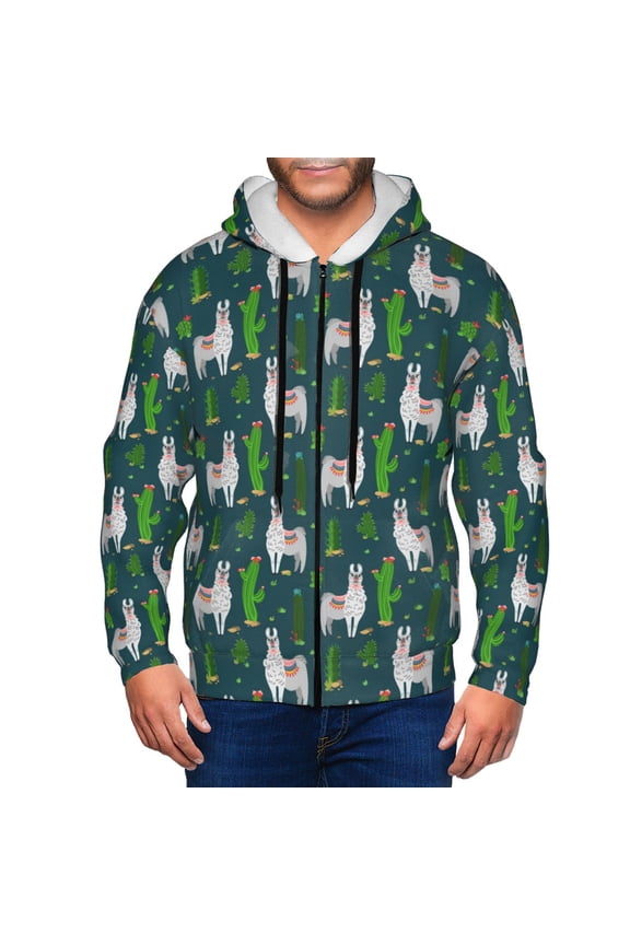 Zip Up Hoodies for Men - llama cactus alpaca cute green Long Sleeve Comfrt Men'S Fashion Hoodies & Sweatshirts, Jackets for Men Hoodies Pullover Clothing Clothes with Pouch