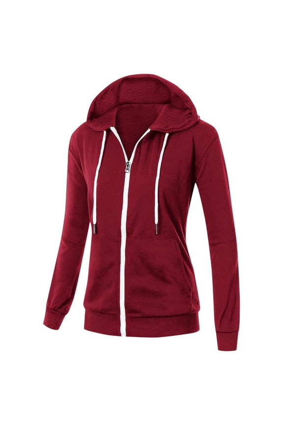 Zip up Hoodies for Women Casual Long Sleeve Hooded Sweatshirts with Thumb Holes Drawstring Lightweight Pockets Zipper Fall Jackets Winter Warm Fleece Full Zip Hoodies Outerwear Red XXL