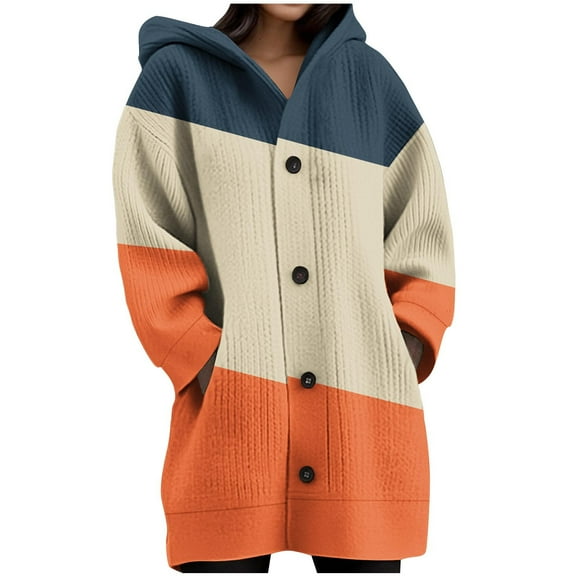 Zip Up Hoodies for Women Fleece Jackets Daily Printed Long Sleeved Knitted Cardigan Button Up Hooded Jacket Top Fall Winter Outfits Outwear Coat Orange,M