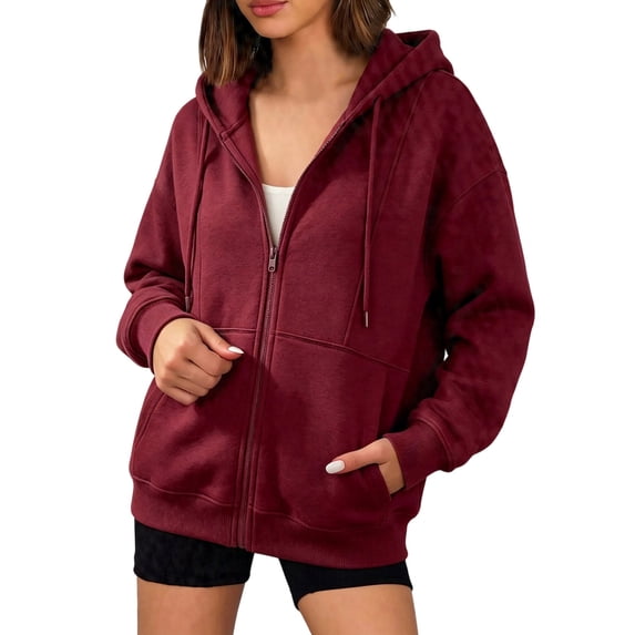 Zip Up Hoodies for Women Oversized Long Sleeve Fleece Jacket Sweatshirts | Hooded Zip Jacket with Pockets, Light Weight Loose Fit, Casual Preppy Cute, Wine, S