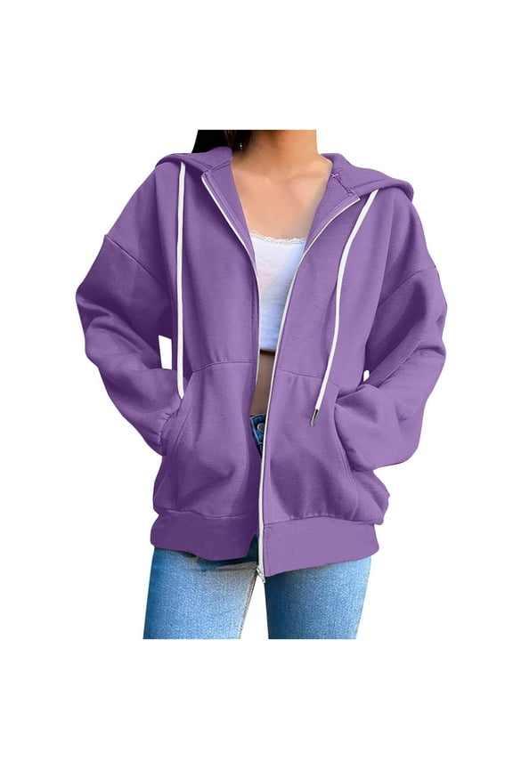 Zip Up Hoodies for Women Plain Fleece Lined Jacket Fashion Autumn Essential Hoodie Lightweight Sweatshirts Drawstring Hooded Coat Tops Casual Sweater with Front Pockets Outerwear