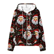 FAKKDUK Zip up Hoodies for Womens Cute Xmas 3D Graphic Print Long Sleeve Sweatshirt Oversized Hooded Sweatshirts Fleece Jackets with Pockets Women's Cute Santa Christmas Sweatshirts
