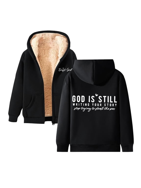 Zip Up Hoodies Womens Letter Print GOD IS STILL Hooded Jacket with Pockets Winter Pullover Tops Zipper Christian Jesus Inspirational Sweatshirts