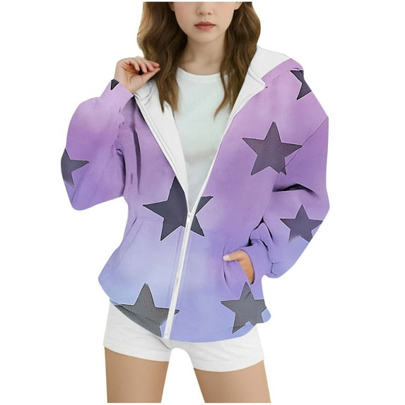 Zip Hoodies for Teen Girls Fleece Oversized Gradient Color Star Print Long Sleeve Sweatshirts Tween Girls Preppy Clothes Pullover Hoodies