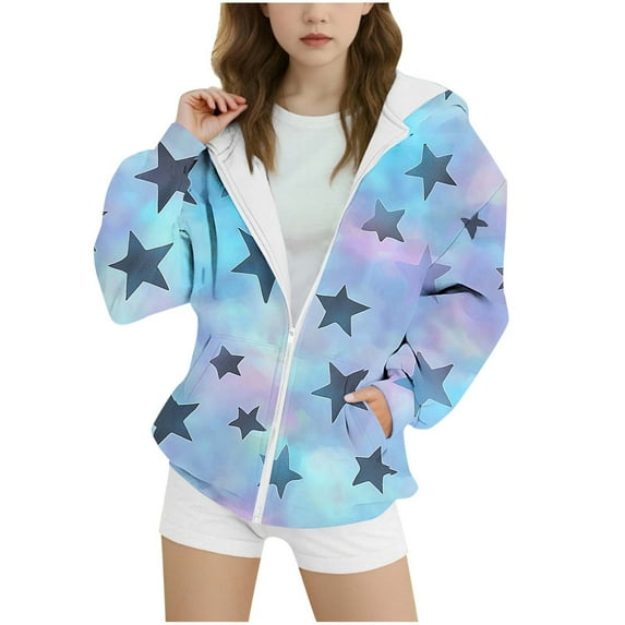 Zip Hoodies for Teen Girls Fleece Oversized Gradient Color Star Print Long Sleeve Sweatshirts Tween Girls Preppy Clothes Pullover Hoodies