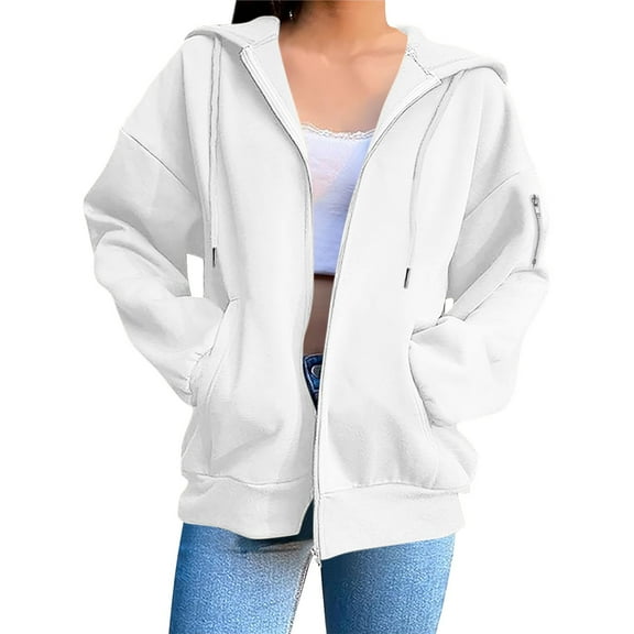 Zip Up Jacket, Yigetop Jacket Women's Zip Hoodie Lightweight Jacket with Hood Elegant Plain Jacket with Pockets Loose College Jacket Cotton Sports Jacket Womens Hoodies White L