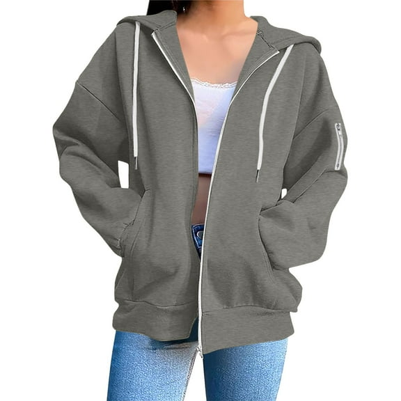 Zip Up Jacket, Yigetop Jacket Women's Zip Hoodie Lightweight Jacket with Hood Elegant Plain Jacket with Pockets Loose College Jacket Cotton Sports Jacket Womens Hoodies Grey L