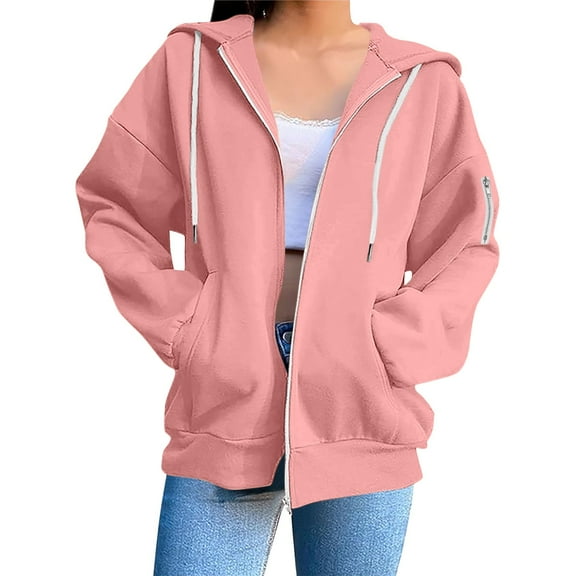 Zip Up Jacket, Yigetop Jacket Women's Zip Hoodie Lightweight Jacket with Hood Elegant Plain Jacket with Pockets Loose College Jacket Cotton Sports Jacket Womens Hoodies Pink L