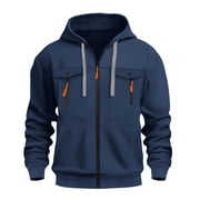 Zip Up Jackets Hooded Loose Casual Drawstring Long Sleeve Sweatshirts with Zipper Multi Pockets Ribbed Cuffed Tactical Hiking Hoodie Y2K Fall Winter Warm Outfits Activewear, Navy L