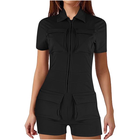 Zip Up Jumpsuits For Women Bodycon Romper Trendy Short Sleeve Bodycon Solid Color Short Romper Pants One Piece Jumpsuits Clubwear With Multiple Pockets