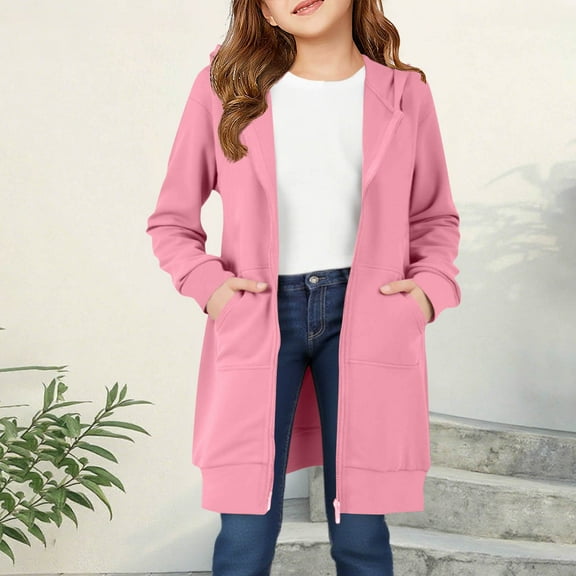 Zip Long Hoodies for Girls - Fleece Zip up Tunic Sweatshirt Jacket, Fall Winter Travel Outfits, Kids Outwear Coats 150