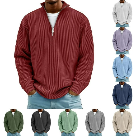 Zip Mock Neck Sweatshirt Men Quarter Zip Pullover Fall Winter Warm Ribbed Knit Long Sleeve
