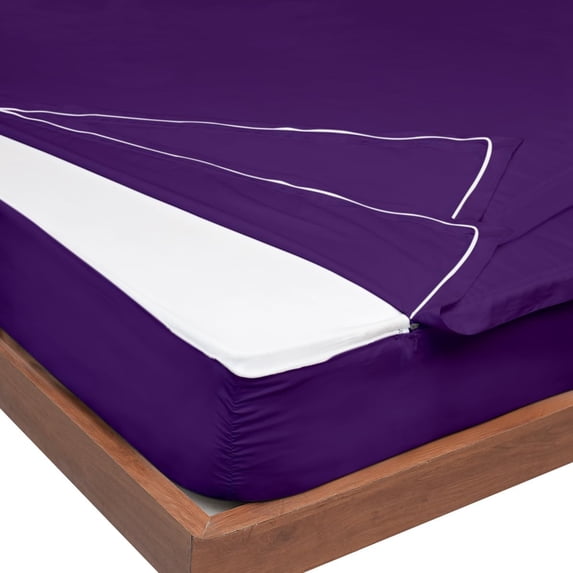 Zip-On Fitted Sheet Set - Designed for Mattresses with Up to 8" Inch Deep Pockets - Includes 1 Fitted Sheet Base and 2 Zip-On Sheets Full Size - 600 TC - Puple Color