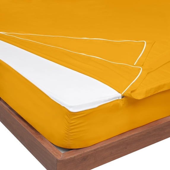 Zip-On Fitted Sheet Set - Designed for Mattresses with Up to 8" Inch Deep Pockets - Includes 1 Fitted Sheet Base and 2 Zip-On Sheets King Size - 600 TC - Yellow Color