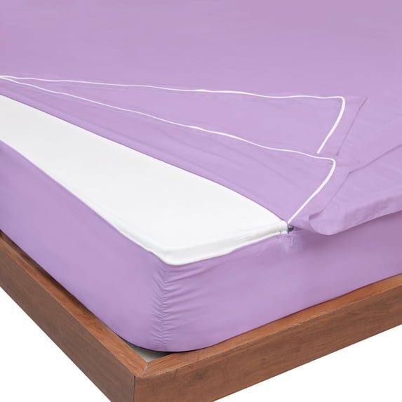 Zip-On Fitted Sheet Set - Designed for Mattresses with Up to 8" Inch Deep Pockets - Includes 1 Fitted Sheet Base and 2 Zip-On Sheets Queen Size - 600 TC - Lavender Color