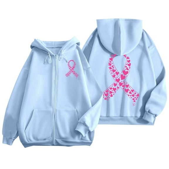 Zip Up Pink Ribbon Printed Hoodies for Women Fall Winter Casual Long Sleeve Sweatshirts 2025 2026 Lightweight Comfort Soft Party Jackets (Sky Blue, S)