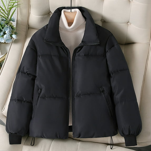 Zip Up Puffer Jacket for Women Stand Collar Drawstring Hem Long Sleeve Quilted Jackets with Zipper Pockets Lounge Oversized Warm Solid Color Down Coats 2025 Winter Cozy Outerwear