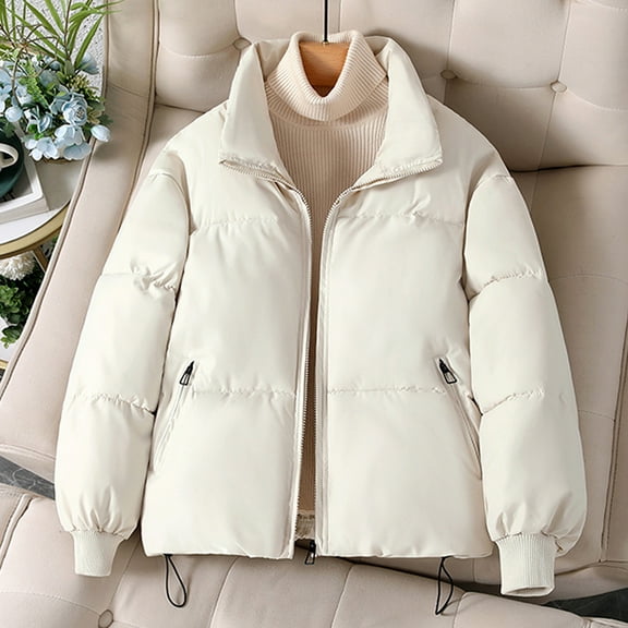 Zip Up Puffer Jacket for Women Stand Collar Drawstring Hem Long Sleeve Quilted Jackets with Zipper Pockets Lounge Oversized Warm Solid Color Down Coats 2025 Winter Cozy Outerwear