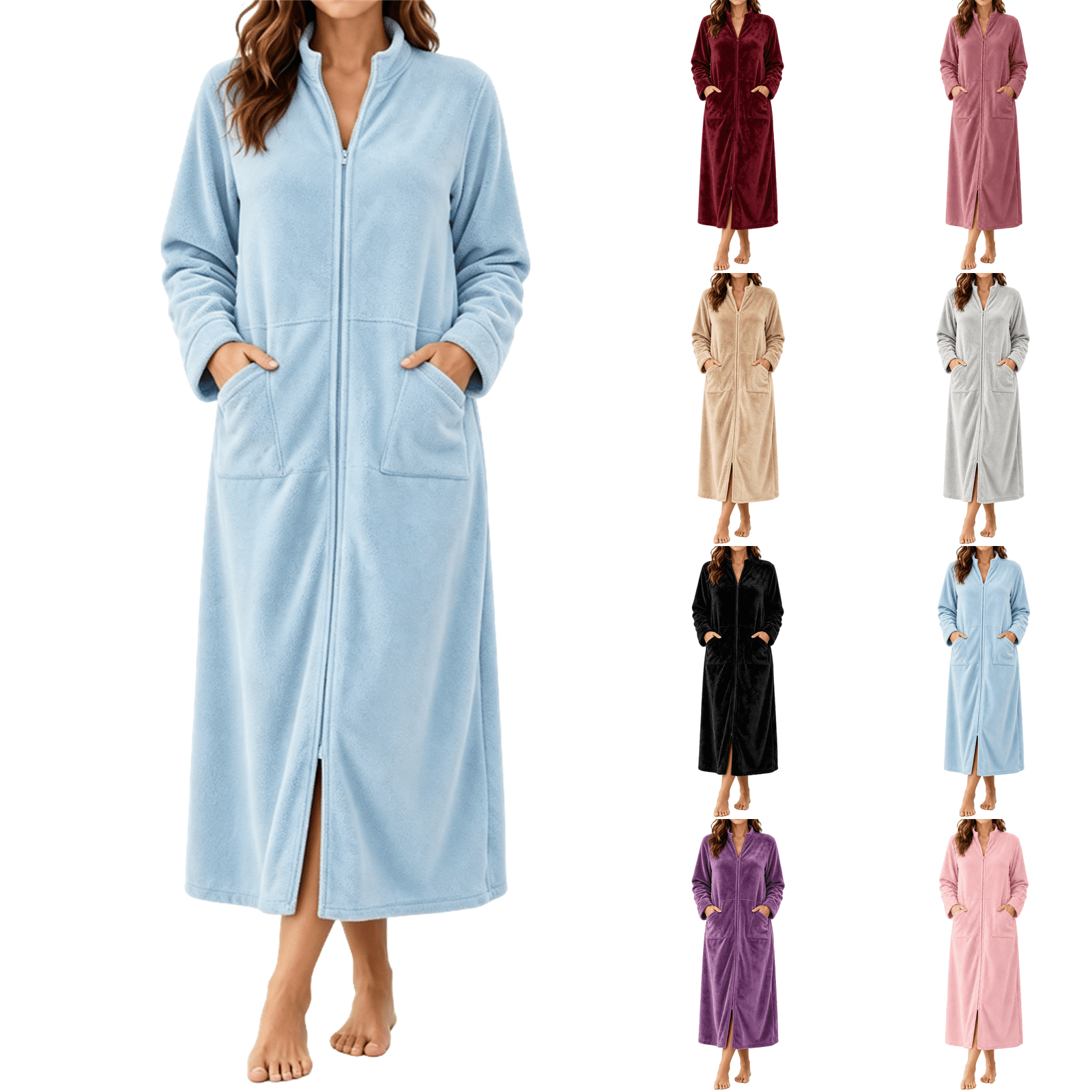 Zip Up Robe Women Fleece Long Sleeves Soft Housecoat with Pockets ...