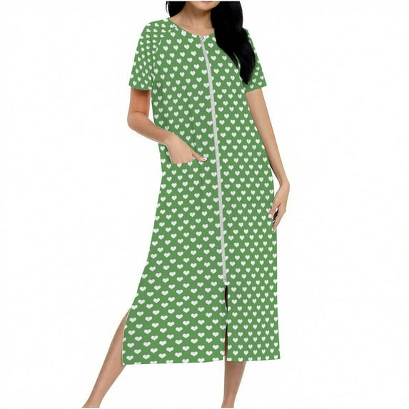 Zip Up Robe For Women Short Sleeve Long Bathrobe Polka Point Bathrobes Crew Neck Spa Robe With Pockets Ultra Soft Textured Long Bathrobe Sleep Shirt Pajama Top