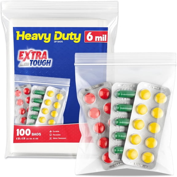 Zip Seal Lock Snack Bag, Resealable Storage Bags, 6 Mil Thick Zip Baggies for Cakes, , Crafts, 4x4 Inch, 100