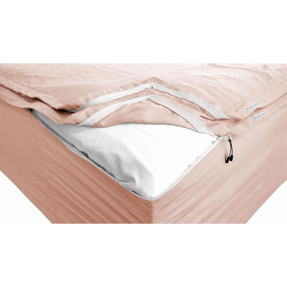 Zip On Sheets Queen Size (60X80) + 14 Inch Deep Pockets - Includes 2 Zip-On Sheets & 1 Fitted Sheet Base - Queen Size Zipper Fitted Sheets - Soft Cotton 600 TC Fitted Sheet - Blush
