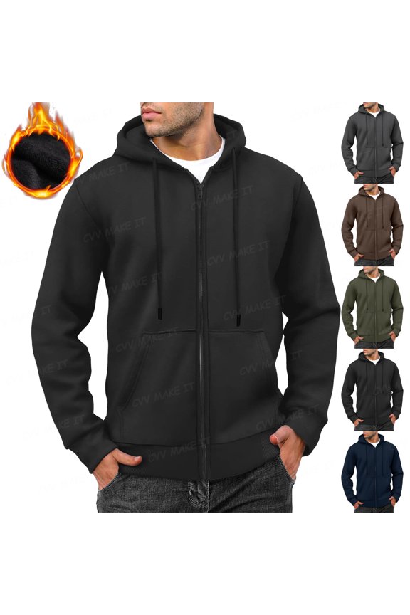 Zip Up Sherpa Lined Hoodies for Men Fleece Flannel Fleece Jackets Outfits with Pockets Long Sleeve Thick Trucker Heavyweight Sweatshirt with Hooed Warm Thermal Winter Comfy Coat Outwear,Black 2XL