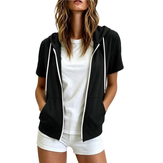 Zip Up Short Sleeve Short Sleeve Hoodies for Women Pullover Tops Full Zip Hoodies Slim Fit Jackets With Pockets Drawstring Spring Fall Casual Workout Thin Sweatshirts Fashion Clothes