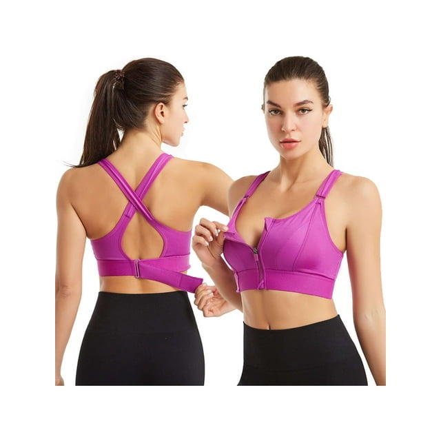 Zip Sports Bra Women's High Strength Sports Bra Large Chest Front Zipper Adjustable Straps