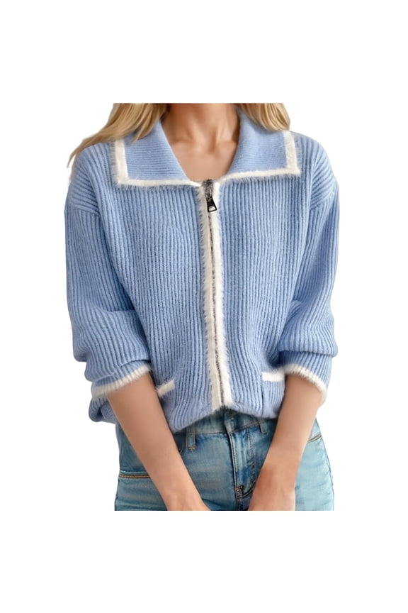 Zip Up Sweater Comdrip Cropped Sweaters for Women Knitted Lightweight Sweaters Button Up Long Sleeve Sweaters Cable Knit Open Front Cardigan Knitted Cardigan Sky Blue One Size