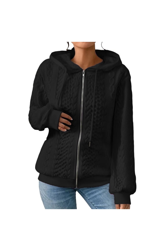 Zip Up Sweater Hoodie, Yigetop Ladies' Sweatshirts for Women Long Sleeve Lightweight Casual Pure Color Knitted Zipper Hoodies Sweater Knit Zip Up Sweater, Black L