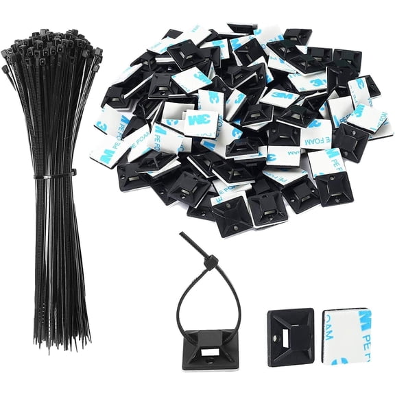 Zip Tie Mounts - 100PCS Cable Self Adhesive Set for Wire Management with Stick Pads Anchors Clips Squares Holders (Black)