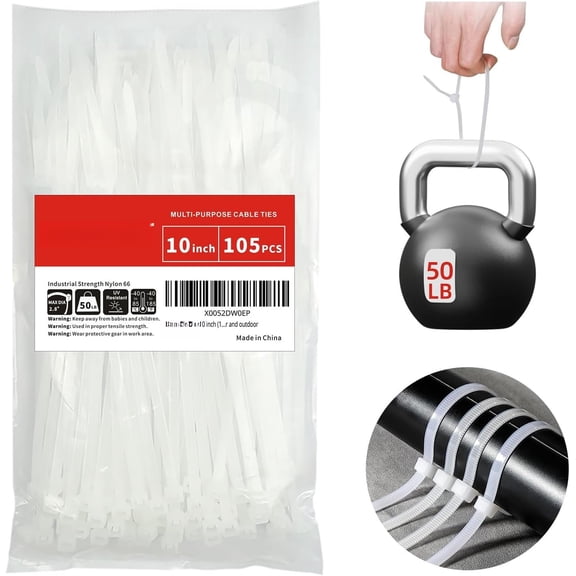 Zip Ties 10 inch (105 Pack), 50lbs Tensile Strength, White Ties clear, Heavy duty Wire Ties with Self-Locking Wire Ties for indoor and outdoor use.
