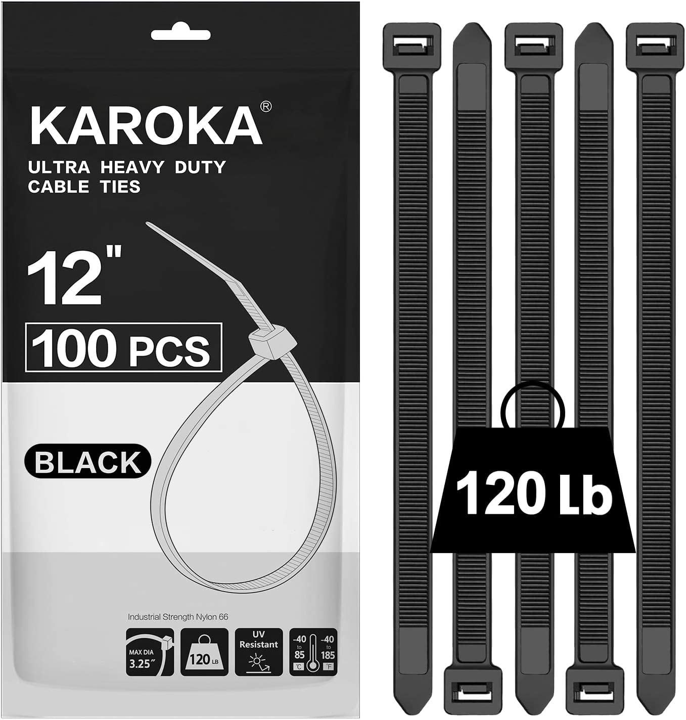 Zip Ties 12 inch Heavy Duty Zip Ties with 120 Pounds Tensile Strength, Black Cable Ties, 100 Pieces,by