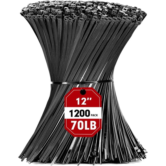 Zip Ties, 1200 count Black Zip Ties 12 Inch, Wire Ties with 70lb Tensile Strength, Self-Locking Black Nylon Tie Wraps for Indoor and Outdoor