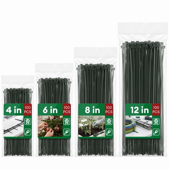 Zip Ties 400 Pack, 4+6+8+12 inch Cable Ties, Dark Green Self-Locking Nylon Cable Ties for Plants, Christmas Tree Decorations, Garden & Outdoor Use