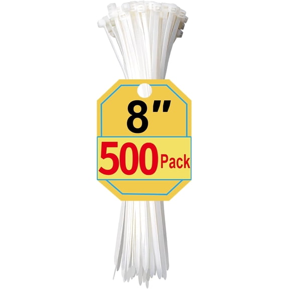 500 Pack White 8 inch Zip Ties, Nylon Cable Ties for Home Office Outdoor Use, 40lb Tensile Strength Multi-Purpose