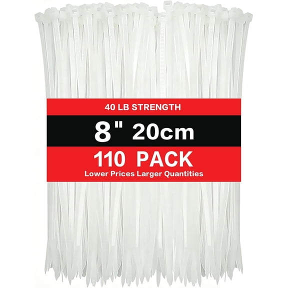 Zip Ties 8 inch (110 Pack), 40lbs Tensile Strength, white Ties clear, wire Ties for indoor and outdoor use