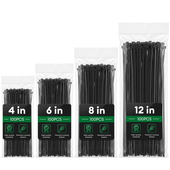 Zip Ties Assorted Size,4+6+8+12 Inch Double Sided Toothed,400 Pack,Black Cable Ties With Self-Locking Adjustable More Durable Nylon Tie Wraps for Indoor Outdoor