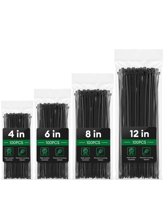 Zip Ties Assorted Size,4+6+8+12 Inch Double Sided Toothed,400 Pack,Black Cable Ties With Self-Locking Adjustable More Durable Nylon Tie Wraps for Indoor Outdoor