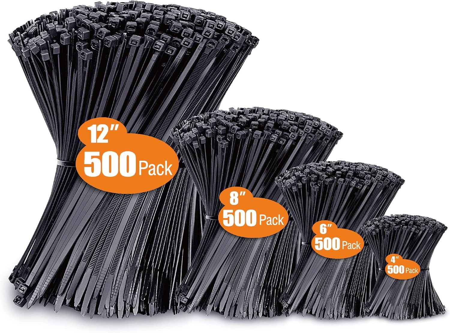 Zip Ties Assorted Sizes(4”+6”+8”+12”), 2000 Pack, Black Cable Ties, UV Resistant Wire Ties by