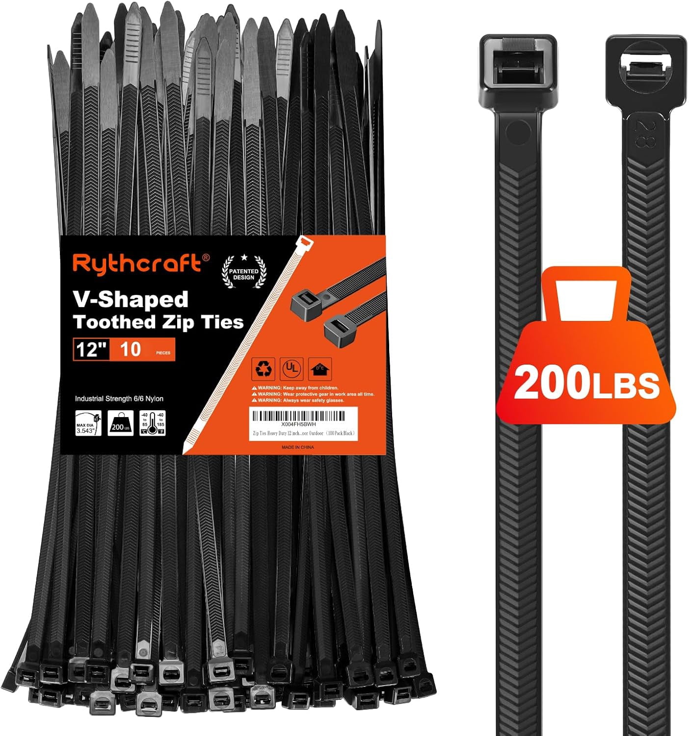 Zip Ties Heavy Duty 12 inch，V-Shaped Toothed Double Sided With 200 LBS Tensile Strength Cable ，Extra Large Wire Adjustable Nylon Tie Wraps for Indoor Outdoor Patented Design（80 Pack Black）