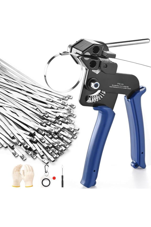 Zip Ties Tool, Stainless Zip Tie with Built-in , Adjustable Fastening Zip Tie Tool with 100 count 11.8in Self-Locking Stainless Zip Ties, Zip Tie Organizer and Gloves