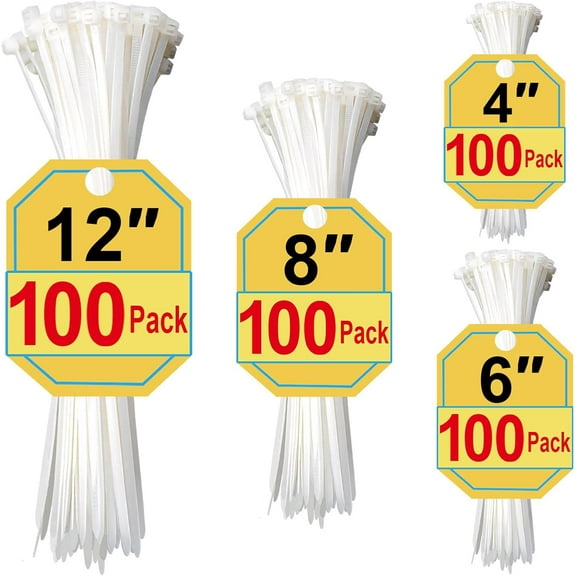 400 Pack White Zip Ties Assorted Sizes 4 6 8 12 inch, UV Resistant Plastic Cable Ties for Home Office DIY