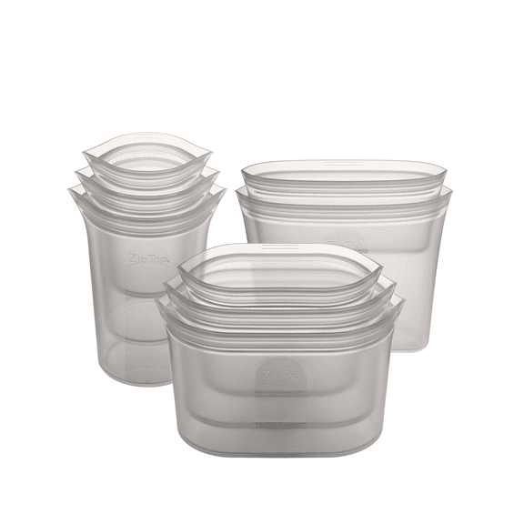 Zip Top Reusable 100% Silicone Food Storage Bags and Containers, Made in the USA - Full Set- 3 Cups, 3 Dishes & 2 Bags - Gray